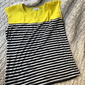 Black and white (and yellow!) sheer-shoulder top